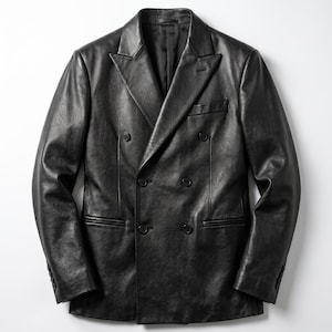 May include: A black double-breasted leather blazer featuring a notched lapel, a chest pocket, two front flap pockets, and four buttons on each sleeve cuff. The jacket is constructed with a smooth, polished finish and includes six front buttons.