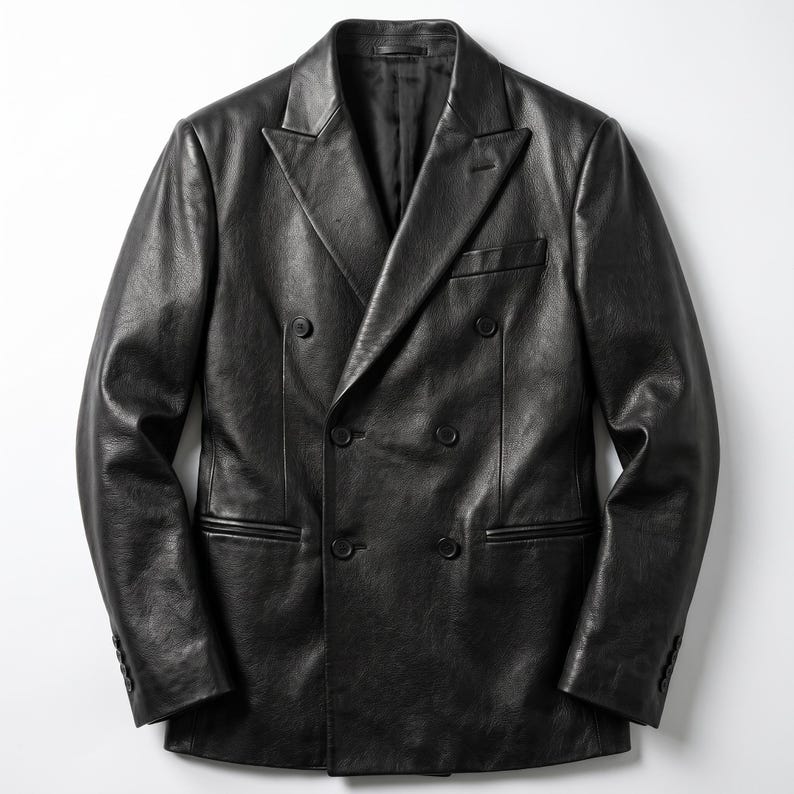 May include: A black double-breasted leather blazer featuring a notched lapel, a chest pocket, two front flap pockets, and four buttons on each sleeve cuff. The jacket is constructed with a smooth, polished finish and includes six front buttons.