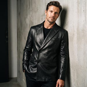 May include: A black double-breasted leather blazer featuring a notched lapel, long sleeves, and a front button closure. The garment is worn over a plain black shirt and paired with dark trousers, showcasing a smooth texture and structured fit.