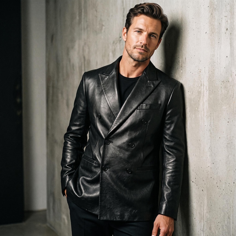 May include: A black double-breasted leather blazer featuring a notched lapel, long sleeves, and a front button closure. The garment is worn over a plain black shirt and paired with dark trousers, showcasing a smooth texture and structured fit.
