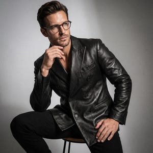 May include: A black double-breasted leather blazer featuring a notched lapel, long sleeves, and dark buttons. The jacket has a smooth, polished finish with visible seams and a structured fit, paired with black trousers and round-framed glasses.