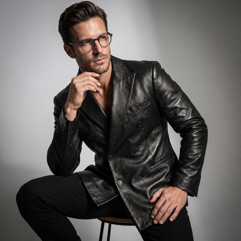 May include: A black double-breasted leather blazer featuring a notched lapel, long sleeves, and dark buttons. The jacket has a smooth, polished finish with visible seams and a structured fit, paired with black trousers and round-framed glasses.