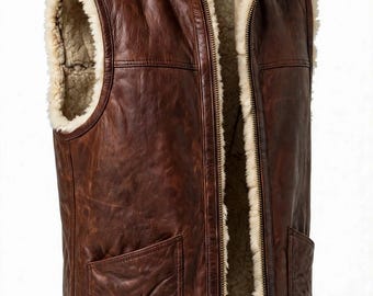 Handmade Genuine Sheepskin Leather Vest, Real Shearling Lined Bodywarmer, Classic Gilet