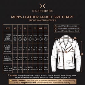 May include: A black leather jacket size chart by BESPOKEDFORU featuring a technical line drawing of a jacket with labels A, B, and C. The chart provides measurements in inches and centimeters for sizes XS to 3XL, covering body chest, jacket chest, sleeves, and shoulder width.