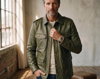 Olive Green Full Grain Leather Field Jacket, Multi-Pocket Utility Style, Rugged Everyday Coat