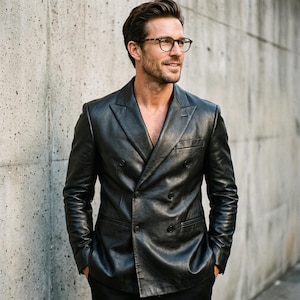 May include: A black double-breasted leather blazer featuring a notched lapel, long sleeves, and two rows of buttons. The garment has a smooth, polished finish with structured shoulders and a tailored fit, showcasing a classic design with visible seams.