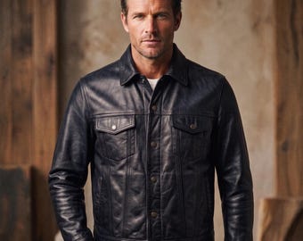 Black Tan Full Grain Leather Trucker Jacket, Western Style, Americana Heritage Snap Buttons