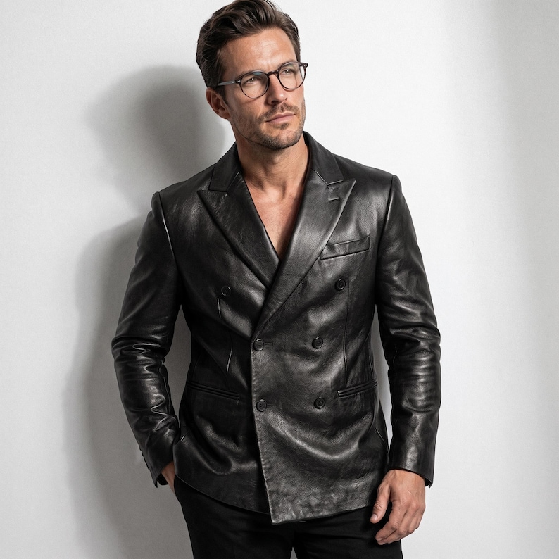 May include: A black double-breasted leather blazer featuring wide lapels, long sleeves, and a button-front closure. The jacket has a smooth, polished finish with visible seams and a structured fit, paired with dark trousers and round-frame glasses.