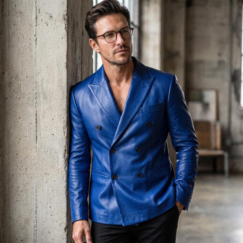 May include: A vibrant royal blue double-breasted leather blazer featuring a notched lapel, long sleeves, and four dark buttons arranged in a square pattern on the front. The jacket has a smooth texture and a tailored fit with two side pockets.