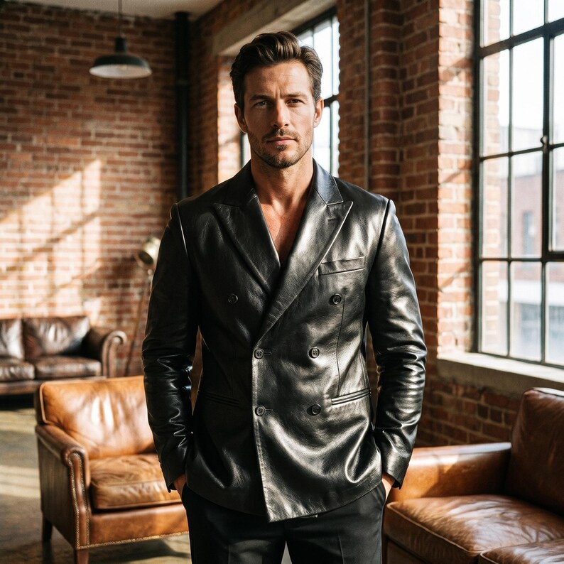 May include: A black double-breasted leather blazer with a notched lapel, long sleeves, and six buttons arranged in two vertical rows. The jacket features a smooth, polished finish and is worn over a dark shirt, showcasing a structured tailored fit.