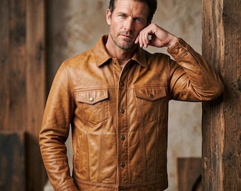 Men's Tan Full-Grain Leather Trucker Jacket, Western Snap Button Heritage Jacket