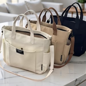 Canvas Tote Bag with Crossbody Strap, Multi Pocket Organizer Handbag, Everyday Shoulder Bag for Women, Work Lunch Bag, Gift for Her