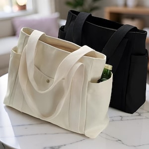 Bolso de lona con bolsillos, bolso de hombro con múltiples bolsillos, minimalista, para uso diario, bolso de mano, bolso de trabajo hecho a mano, cierre a presión, regalo para ella