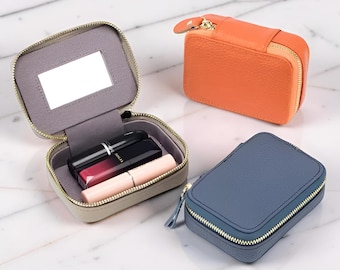 Mini Leather Lipstick Case with Mirror, Travel Makeup Pouch, Small Cosmetic Organizer, Zipper Jewelry Box, Gift for Her, Purse Tidy