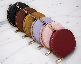 Monedero redondo, mini estuche con cremallera de piel vegana, cartera pequeña con llavero, estuche para auriculares, regalo minimalista para ella, mujer