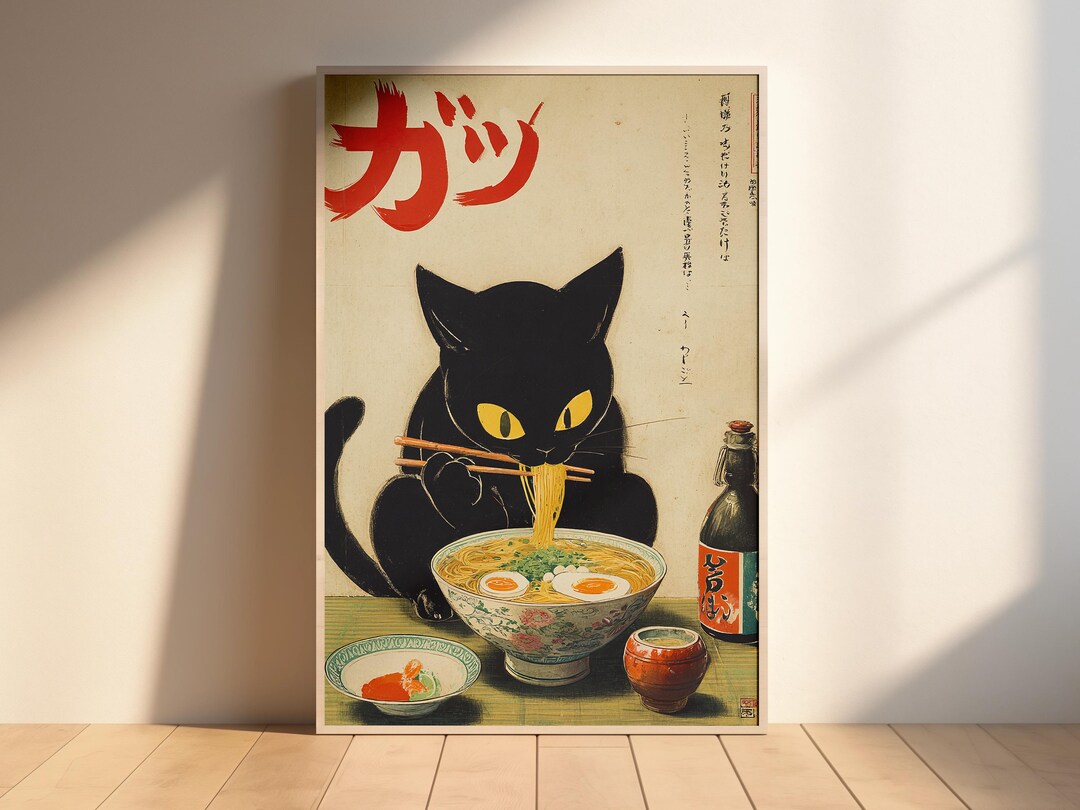 Ramen Cat Poster | Japanese Food Cat Art | Cozy Kitchen Wall Decor ...