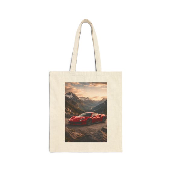 Red Sports Car Mountain Scene Tote Bag | Racing Automotive Print