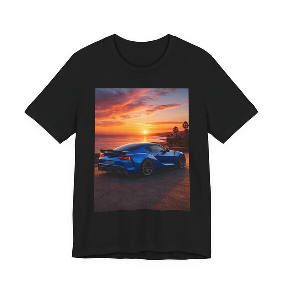 Blue Sports Car Sunset Tee | Coastal Sunset Supercar Graphic Shirt