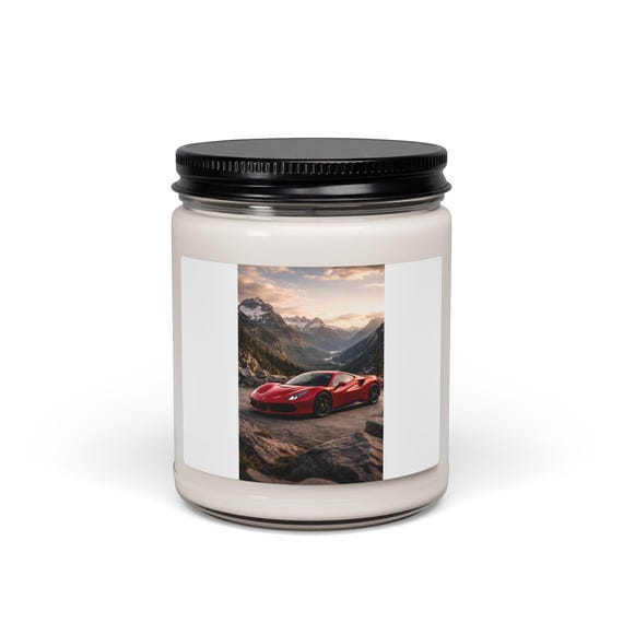 Red Sports Car Mountain Scene Candle | 9oz Scented Soy Candle
