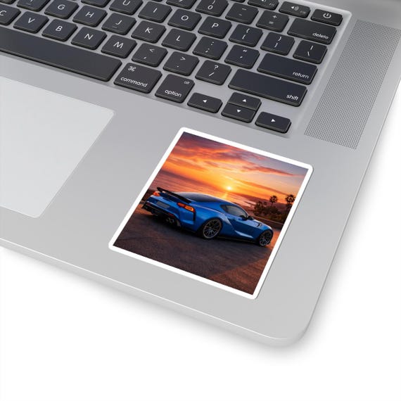 Blue Sports Car Sunset Kiss-Cut Stickers | Coastal Road, Sunset Scene
