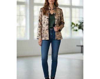 Chaqueta tipo túnica china vintage estilo kimono con cuello mandarín y cierre de botones de rana, talla XL.