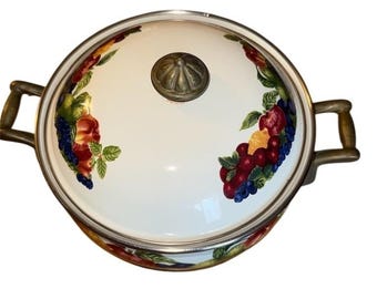 Olla de hierro fundido con tapa Lincoware Orchard Royale vintage, esmaltada con diseño de frutas.