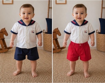 Vintage Petit Ami baby Boys Nautical Sailor Outfit Set Shirt & 2 Shorts 12-18M