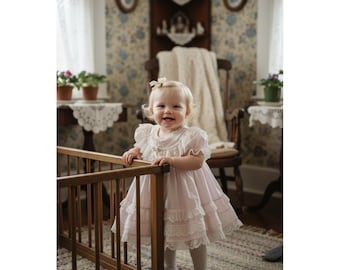 Vestido de fiesta Bryan para bebé niña, rosa, con encaje, volantes, cinta de satén y roseta, talla 3-6 meses, estilo vintage