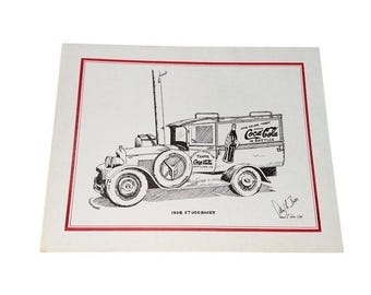 Vintage Coca-Cola 1928 Studebaker bestelwagen kunstdruk, gesigneerd 14 x 11