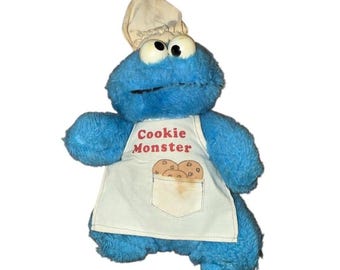 Vintage Sesame Street Cookie Monster Chef Plush Doll Apron Hat knickerbocker