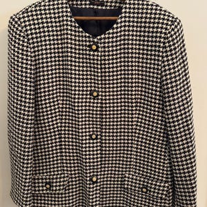 Vintage Lady Jefferson Houndstooth Tweed Blazer 80s 90s Chanel-Inspired Oversized Structured Jacket Large