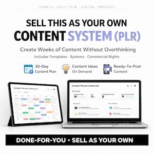 May include: A digital product advertisement with the text "SELL THIS AS YOUR OWN CONTENT SYSTEM (PLR)". The image features a laptop and tablet displaying content planning dashboards, along with icons for a 30-day content plan, content ideas, and ready-to-post content.