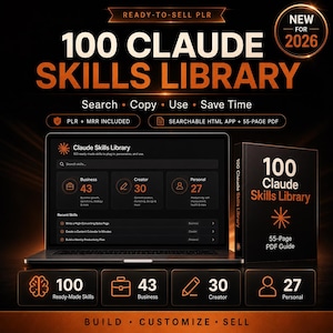 Op de afbeelding: Een digitaal productpakket genaamd 100 Claude Skills Library, met een laptop die een dashboard toont met 43 zakelijke, 30 creatieve en 27 persoonlijke vaardigheden. Inclusief een 55-pagina tellende PDF-gids en een doorzoekbare HTML-applicatie.