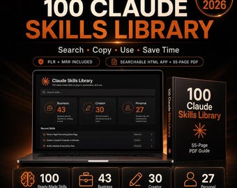 100 Claude AI Skills Prompt Library | Business, Creator, Personal PLR | Interactive & PDF Guide