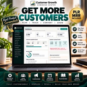 Può includere: Uno schermo di un computer portatile mostra la dashboard del Customer Growth Command Center con metriche per visitatori, lead e clienti. L'interfaccia include sezioni per il funnel di acquisizione, la salute della crescita e un piano giornaliero.