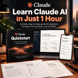 Może przedstawiać: Książka zatytułowana Claude Quickstart Your First Steps With Claude AI, laptop z interfejsem Claude oraz smartfon z aplikacją mobilną Claude. Otwarty przewodnik pokazuje sekcje dotyczące planów i promptów. Tekst głosi Learn Claude AI in Just 1 Hour.