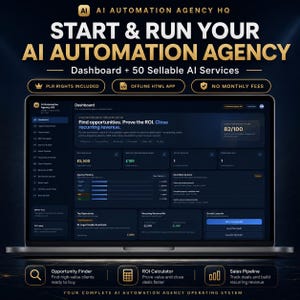 May include: A laptop screen displays the AI Automation Agency HQ dashboard, featuring a dark interface with metrics like pipeline value, monthly recurring revenue, and an agency opportunity score of 82/100. Text includes Start & Run Your AI Automation Agency.
