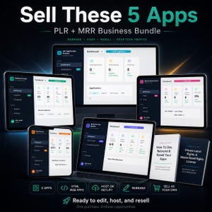 May include: A digital product bundle featuring five software application dashboards displayed on computer and mobile screens, accompanied by two instructional booklets titled How to Use, Rebrand & Resell Your Apps and Private Label Rights & Master Resell Rights License.