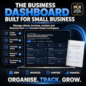 May include: A digital business dashboard displayed on a laptop screen with a Quick Start Guide. The interface features sections for CRM, invoices, content, and finance tracking. Text includes THE BUSINESS DASHBOARD BUILT FOR SMALL BUSINESS.