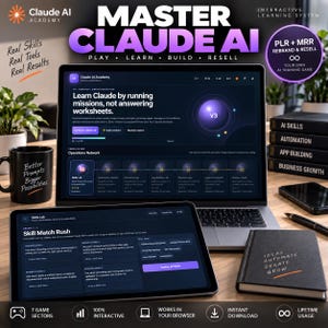 May include: A laptop and tablet displaying the Claude AI Academy interface, featuring a dark theme with purple accents. The screen shows mission-based learning modules, while a black mug with white text, a notebook, and stacked books sit nearby.