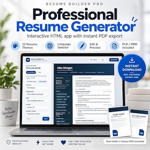May include: A laptop screen displaying the Resume Builder Pro interface, featuring a digital resume template for Alex Morgan. The software includes options for 12 themes, language selection, and PDF export. Includes a Start Guide and PLR/MRR licence PDF.