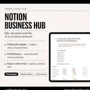 May include: A digital product image featuring a tablet displaying a Notion business hub dashboard. The image includes text: "NOTION BUSINESS HUB" and "Edit, rebrand & resell this all-in-one Notion dashboard."