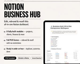 Notion Business Hub Template | Notion Planner, CRM Dashboard, Content Calendar, Finance Tracker | PLR Product