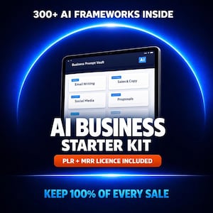 Könnte beinhalten: Eine digitale Grafik, die ein KI-Business-Starter-Kit bewirbt. Das Bild zeigt ein Tablet, das ein "Business Prompt Vault" mit Optionen für E-Mail-Schreiben, Verkauf & Copy, Social Media und Vorschläge anzeigt. Der Text enthält "300+ AI Frameworks Inside" und "AI BUSINESS STARTER KIT".