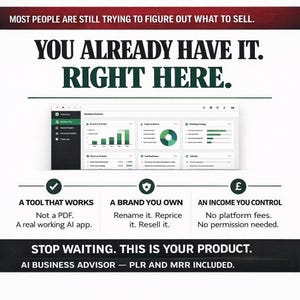 May include: An advertisement with the text "MOST PEOPLE ARE STILL TRYING TO FIGURE OUT WHAT TO SELL. YOU ALREADY HAVE IT. RIGHT HERE." Below the text is a screenshot of a dashboard with charts and graphs. The ad promotes an AI business advisor.