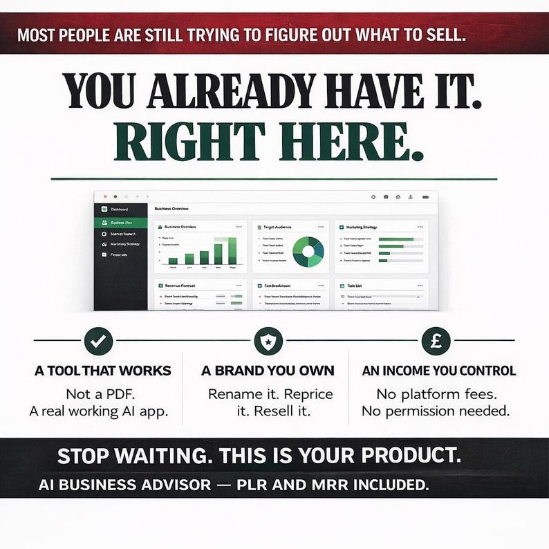 May include: An advertisement with the text "MOST PEOPLE ARE STILL TRYING TO FIGURE OUT WHAT TO SELL. YOU ALREADY HAVE IT. RIGHT HERE." Below the text is a screenshot of a dashboard with charts and graphs. The ad promotes an AI business advisor.