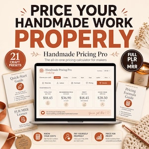 Könnte beinhalten: Werbung für Handmade Pricing Pro, einen Preiskalkulator für Kunsthandwerker. Das Bild zeigt einen Laptop mit der Software, Anleitungen, eine Kerze und den Text "Price Your Handmade Work Properly".