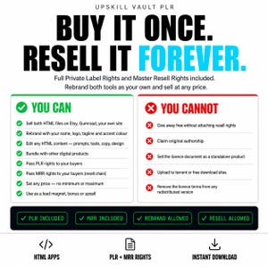 May include: An informational graphic titled Upskill Vault PLR with the text Buy It Once. Resell It Forever. It features two columns detailing permissions: You Can with green checkmarks and You Cannot with red x marks, plus bottom icons for HTML apps.
