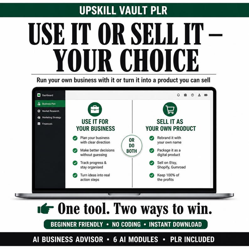 May include: A laptop screen displays the text "USE IT OR SELL IT - YOUR CHOICE" with options to use the tool for business or sell it as a product. The image includes the text "One tool. Two ways to win."