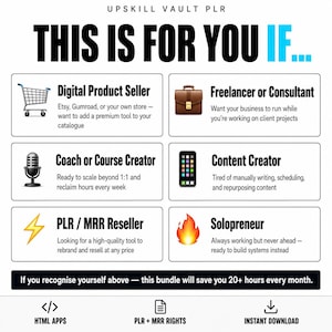 May include: An informational graphic titled UPSKILL VAULT PLR THIS IS FOR YOU IF... listing six categories: Digital Product Seller, Freelancer or Consultant, Coach or Course Creator, Content Creator, PLR/MRR Reseller, and Solopreneur with icons.
